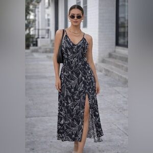 Reitmans Floral Maxi Dress Petite Small Black White Print Side Slit Summer